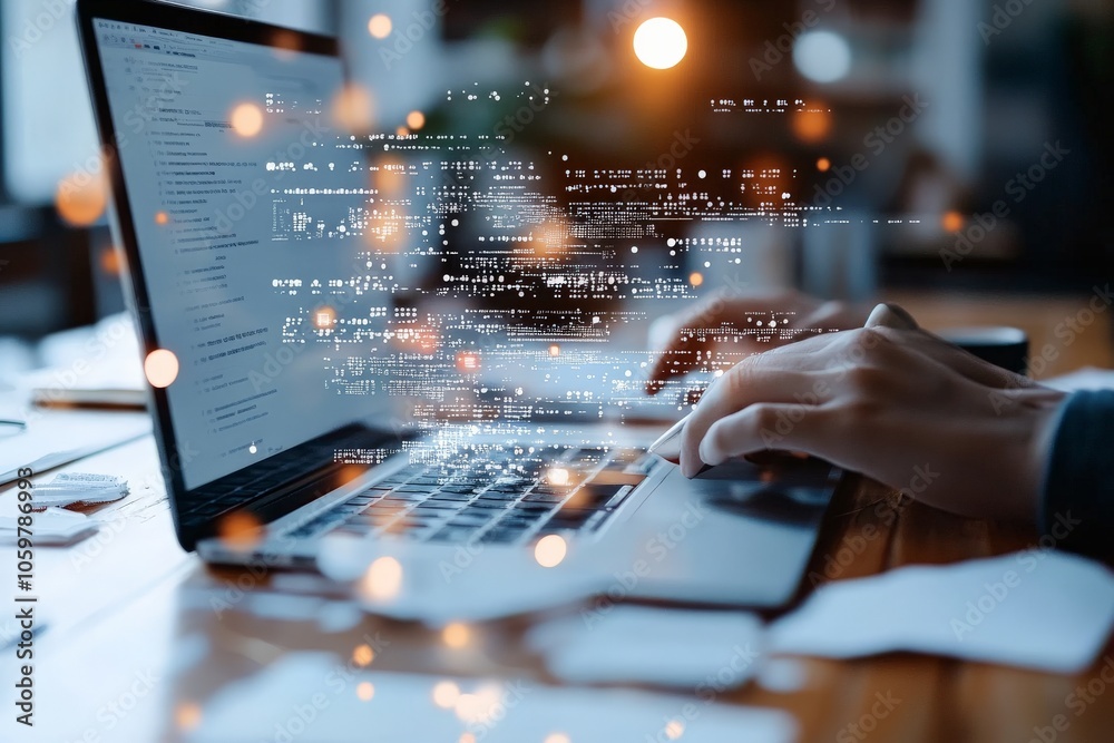 A person types on a laptop with holographic code and data visuals ...