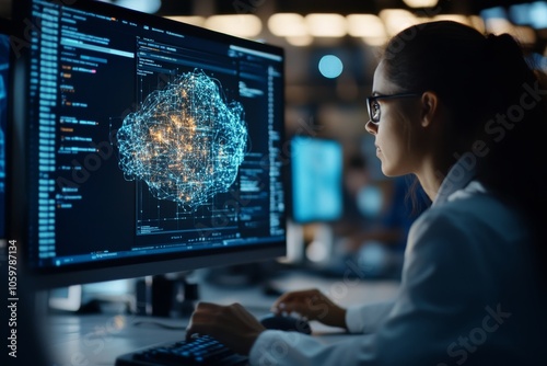 A professional studies a 3D digital brain model on a computer screen, surrounded by complex code and graphs representing data analysis and AI insights.
