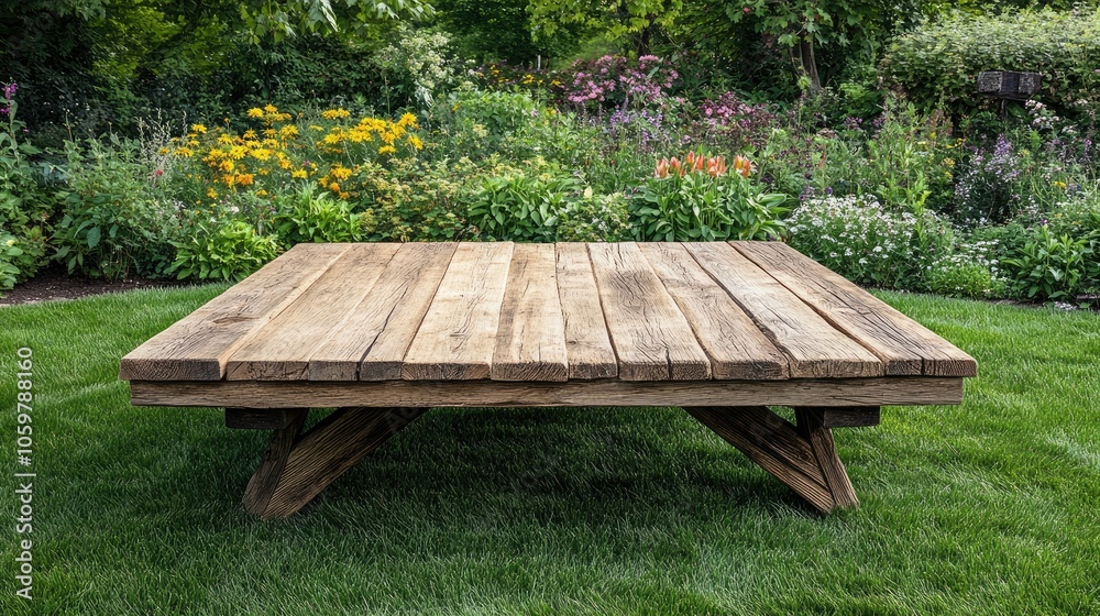 Fototapeta premium Wooden Platform in Lush Garden Setting