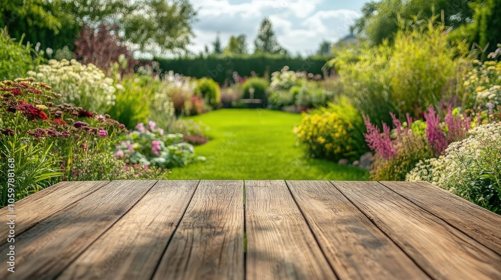 Obraz premium Serene Garden View with Wooden Surface in Foreground