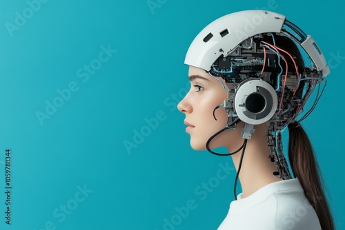 A woman with a partially exposed robotic head, showcasing internal circuits, represents the intersection of human imagination and digital evolution in a modern context. photo