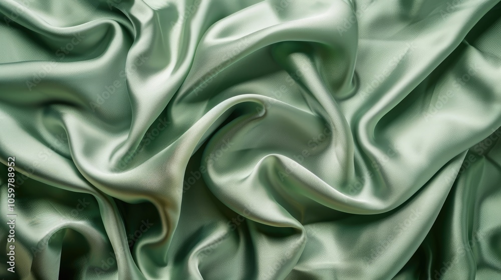 Fototapeta premium Top view of soft green silk fabric with text space.