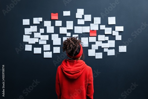 The image shows a person in a red hoodie looking at many sticky notes on a dark wall, highlighting themes of organization, brainstorming, and idea planning. photo