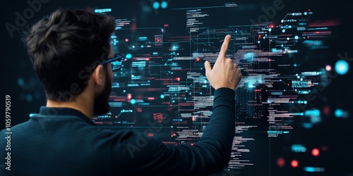 A man points at an illuminated tech visual interface filled with dynamic data and bright colors, reflecting critical thinking and futuristic interaction concepts. photo