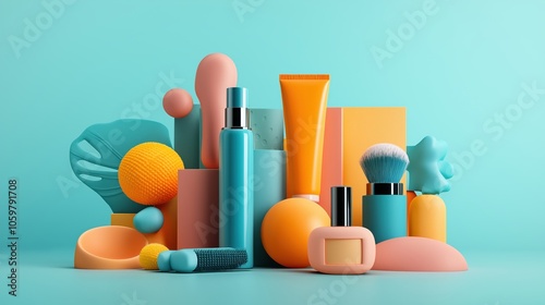 Assorted cosmetic products and abstract shapes in vibrant pastel colors on a turquoise background, including bottles, brushes, and textured spheres. photo