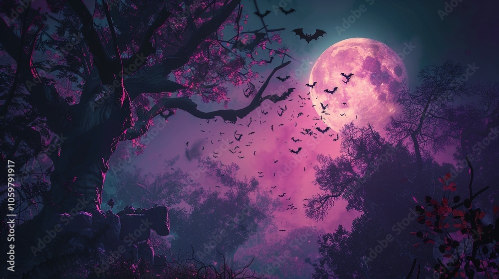Fototapeta premium Mystical Halloween Scene: Dark Forest with Bats Flying Under a Full Moon