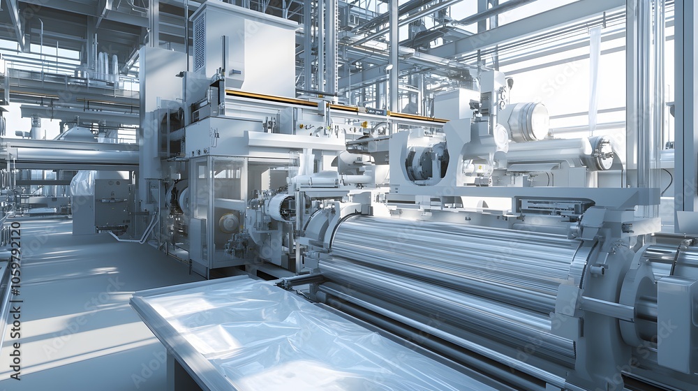 The internal workings of a plastic bag production machine in a petrochemical facility, with extrusion, molding, and cutting processes all happening in sequence.