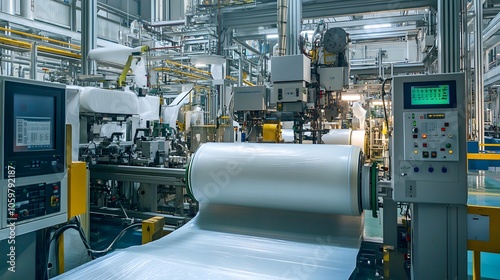 A massive plastic bag production machine processing rolls of polymer sheets, with intricate control panels and safety systems in a busy petrochemical factory.