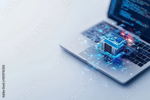 A holographic digital chip hovers above a laptop keyboard, symbolizing technological innovation, digital transformation, and the future of computing in a modern context. photo