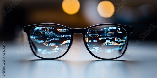 An abstract cityscape viewed through eyeglasses, enhanced with digital overlays to create a futuristic amalgamation of reality and virtual perception.