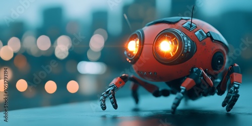 A small, red robot with glowing eyes and mechanical limbs stands on a surface, with an urban environment blurred in the background, lights softly twinkling. photo