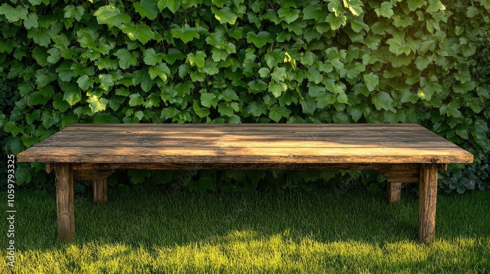 Fototapeta premium Rustic Wooden Table Against Green Foliage Background