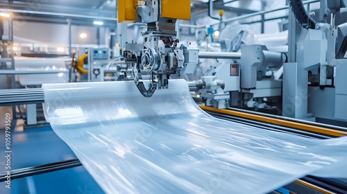 The plastic extrusion process in a petrochemical facility, with a high-performance machine forming bags from thin polymer sheets at incredible speed.