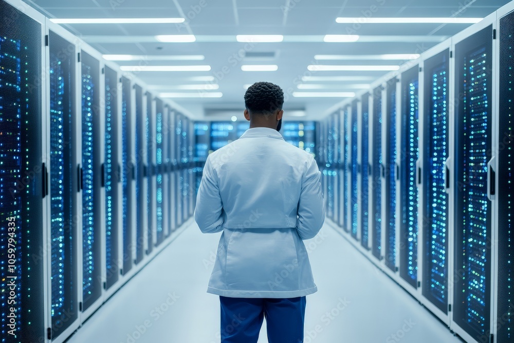 Fototapeta premium A scientist in a data center examines rows of server equipment, highlighting the intersection of research and technology in modern scientific advancements.