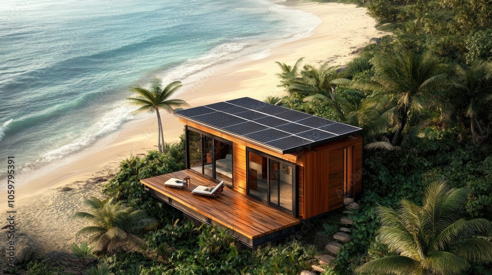 Fototapeta premium Cozy Beachfront Cabin with Solar Panels and Palm Trees