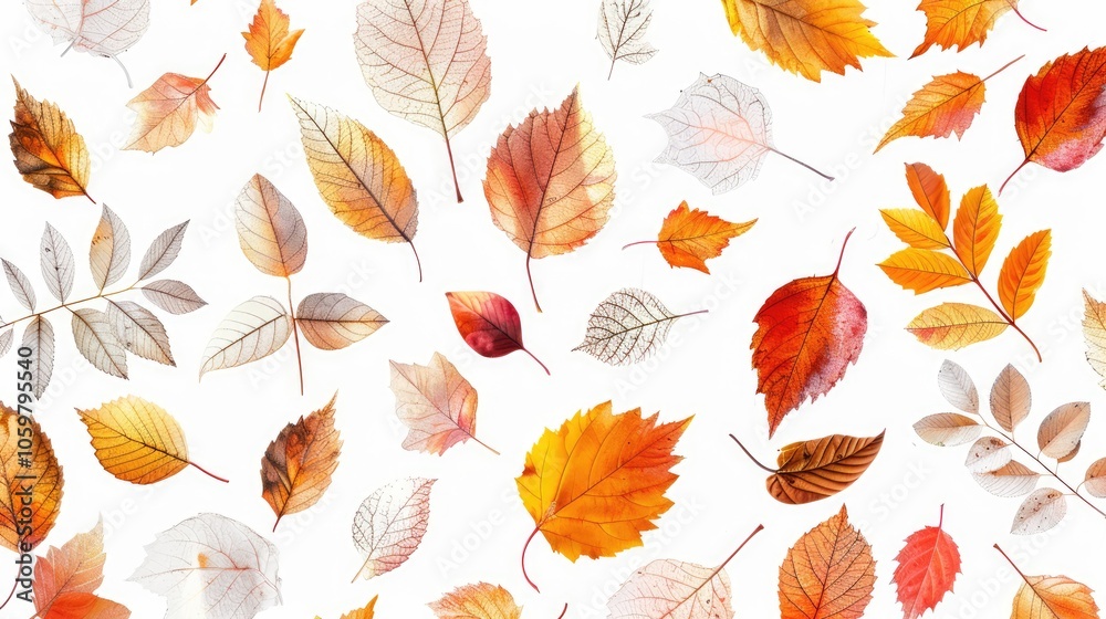 Fototapeta premium Vibrant autumn leaves on white background. Botanical collection. Leaf designs.