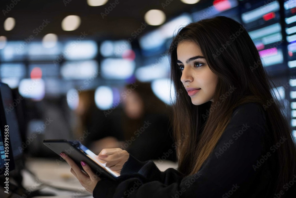 Fototapeta premium A focused woman looks at her tablet while analyzing digital data on large screens, emphasizing modern technology, workplace concentration, and digital analysis.