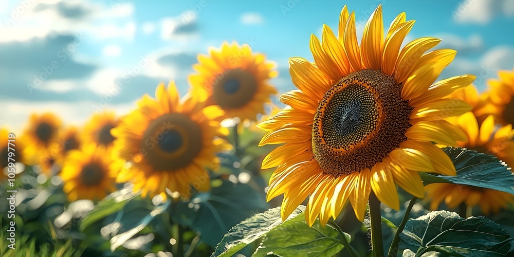 Obraz premium Vibrant sunflower blooms bask in the golden sunlight, showcasing bold yellow petals and rich green leaves with a backdrop of a clear blue sky and fluffy clouds.