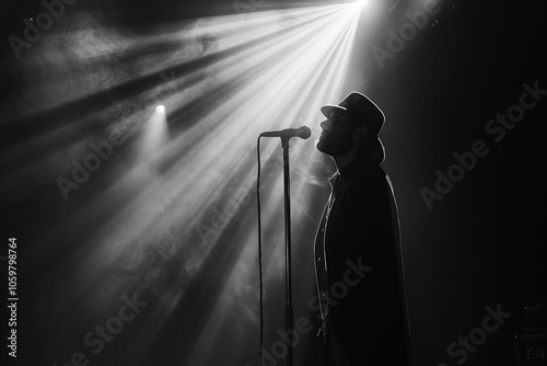 Silhouette of a man singing passionately on stage with vibrant lighting during a music performance at night. Generative AI