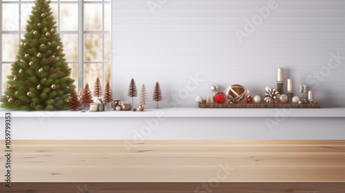 wooden tabletop counter in a clean and bright interior house background with a Christmas tree, zoom background