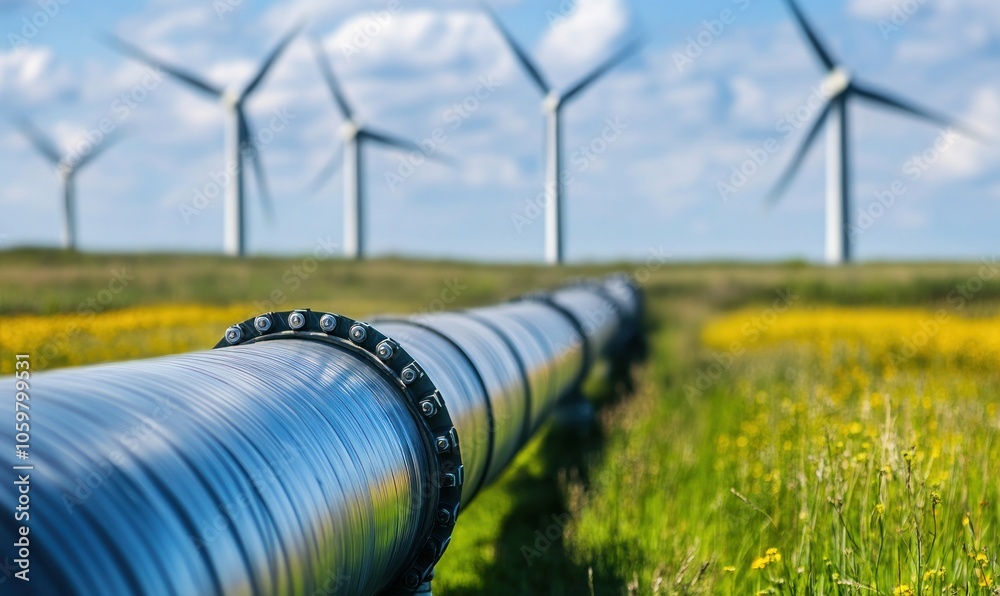 Fototapeta premium Pipeline with wind turbines in background on green field. Renewable energy and infrastructure concept
