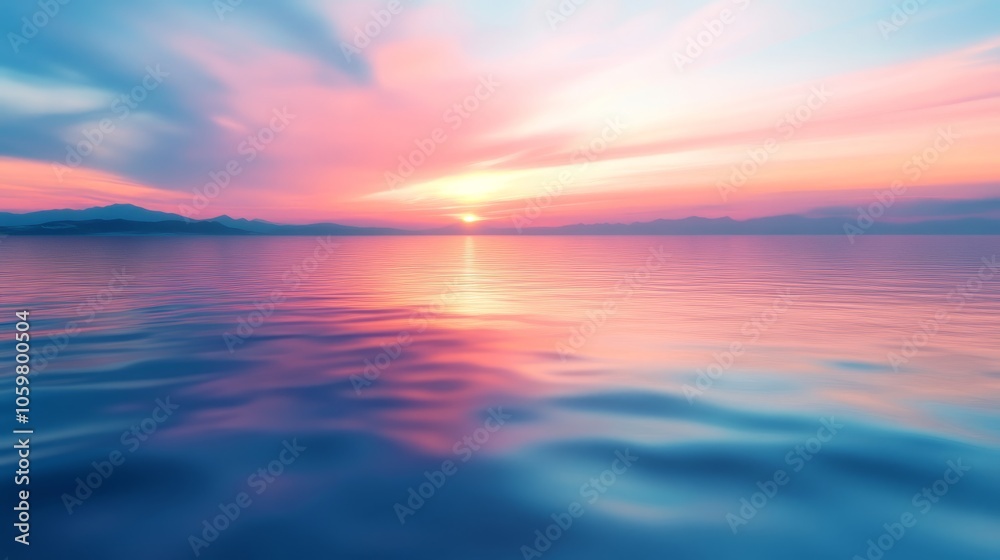 Naklejka premium Sunset over a tranquil ocean, pink and orange hues paint the serene seascape scenery of the calm waters