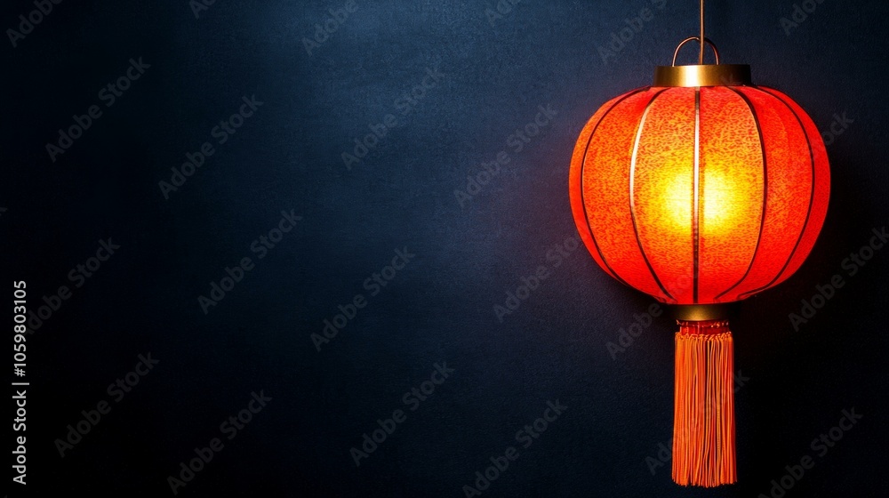 Red lamp hanging on wall casting warm glow, enhancing cozy ambiance in living space. Interior decoration.
