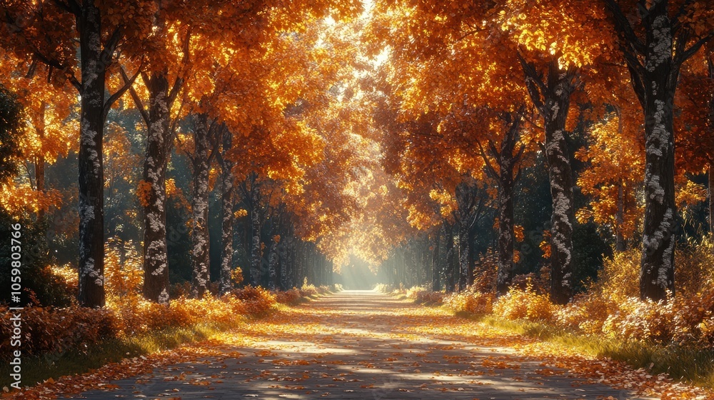 Obraz premium Sunlit Pathway Through Autumn Forest