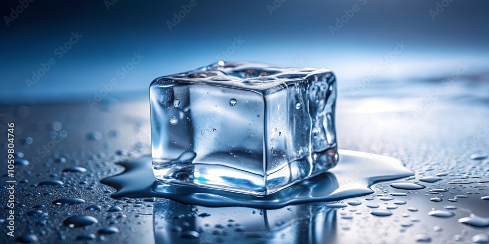 A single ice cube melting on a reflective surface, with a pool of water and droplets surrounding it, highlighting the ephemeral nature of frozen water. A single ice cube melting on a reflective surface, with a pool of water and droplets surrounding it, highlighting the ephemeral nature of frozen water.