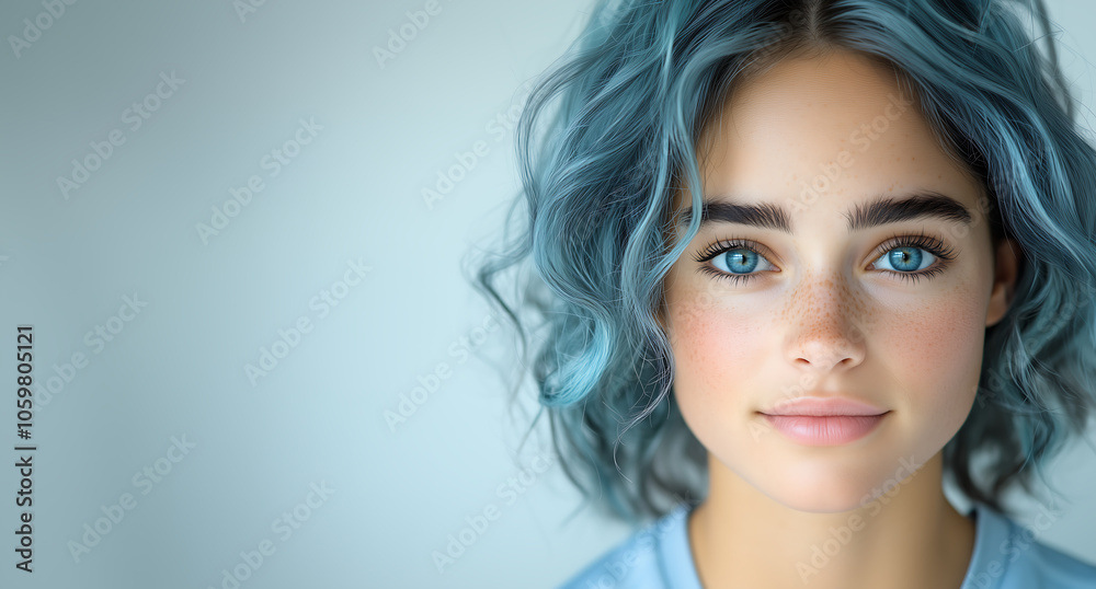 Naklejka premium A young woman with curly blue hair and striking blue eyes gazes directly at the viewer, showcasing her natural beauty. She appears calm and serene in a minimalistic setting.
