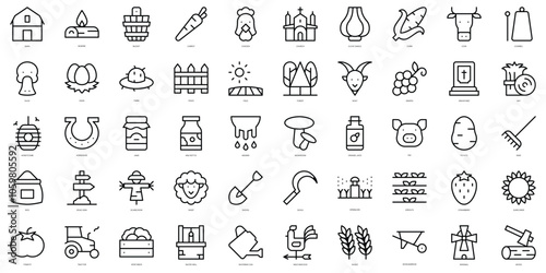 Set of simple outline in the village Icons. Thin line art icons pack. Vector illustration