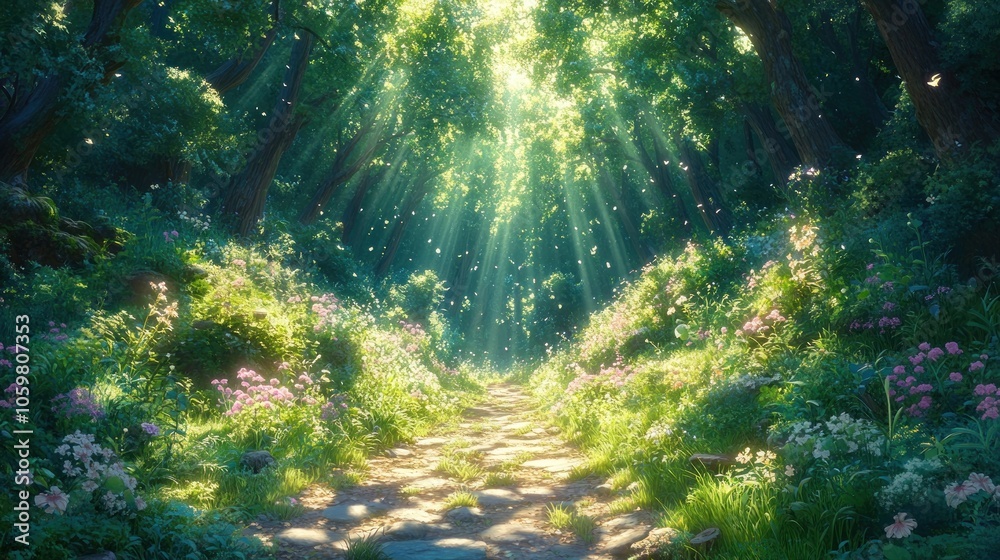 Obraz premium Sunbeams Illuminating a Stone Path Through a Lush Forest
