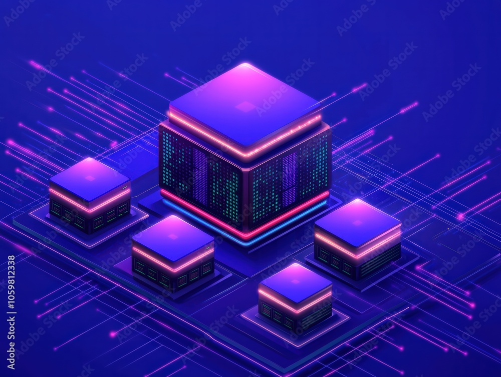 Fototapeta premium Futuristic Data Center Concept with Neon Lights and Abstract Technology Elements