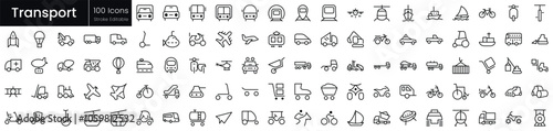 A collection of 100 transport icons, showcasing various modes of transportation, including vehicles, bicycles, and airplanes.