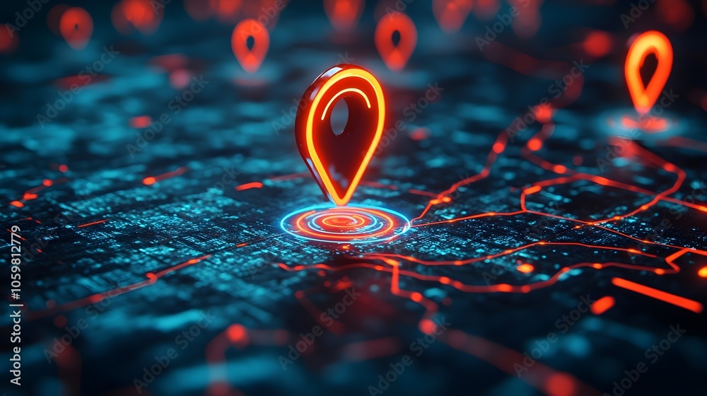 Dynamic Geospatial Map with Location Intelligence. Glowing Neon Map Pin technology Background Dynamic Geospatial Map with Location Intelligence. Glowing Neon Map Pin technology Background