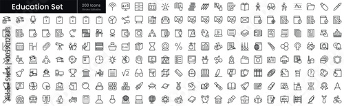 A diverse set of educational icons in a black and white line art style, perfect for use in teaching materials or educational websites.