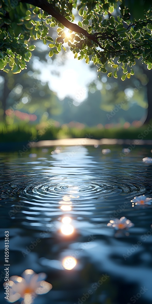 Fototapeta premium A serene scene of sunlight filtering through lush green leaves, casting shimmering reflections on a calm pond, with gentle ripples and floating flowers.