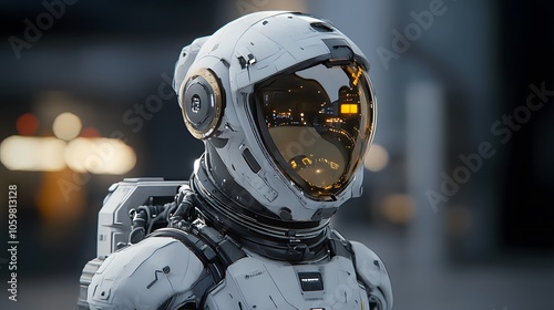 Immersive 3D rendering of futuristic front end elements showcasing astronaut in high tech environment. digital interface displays intricate data visualizations, creating sense of advanced technology