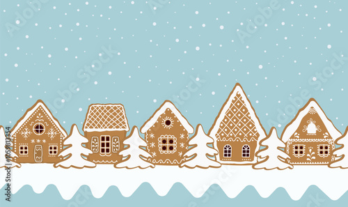 Christmas Background. Gingerbread Village. Seamless Border. Gingerbread Houses, Fir Trees on Blue Background. Greeting Card Template. Vector Illustration