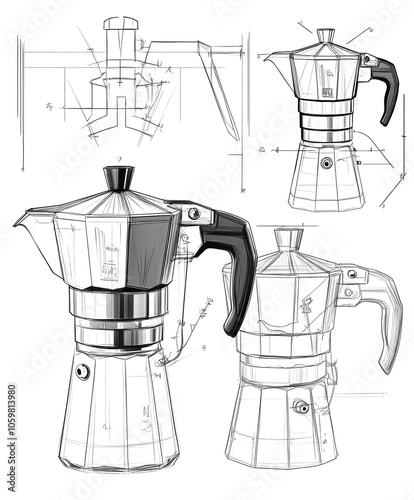 Blueprint of a Bialetti mokka in single parts on white background in black and white photo