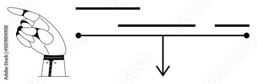 Robotic hand pointing to a horizontal timeline with dots and horizontal lines. An arrow indicates a division. Ideal for technology, progress tracking, project management, future concepts, milestones