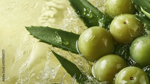 A close-up view of green plums with aloe leaves, water splashes creating a refreshing atmosphere on a soft yellow-green backdrop, highlighting healthiness.