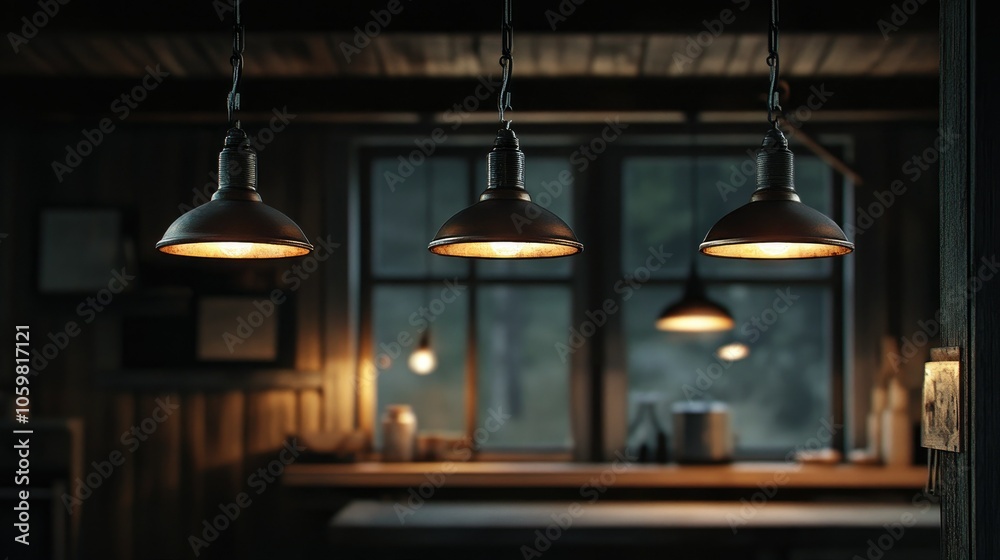Obraz premium A cozy setting featuring three vintage industrial pendant lights hanging from the ceiling, adding character to a dim space