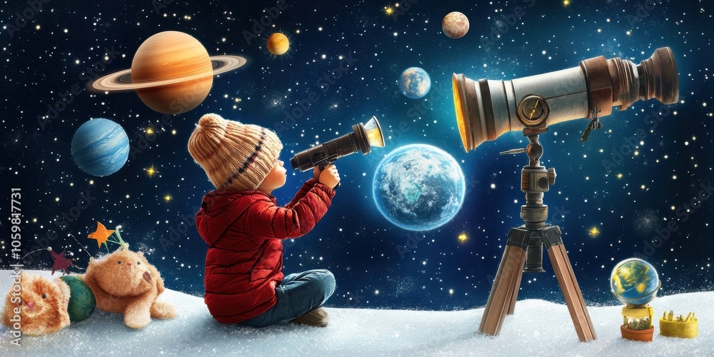 Naklejka premium Child Explorer in Space with Telescope and Planets