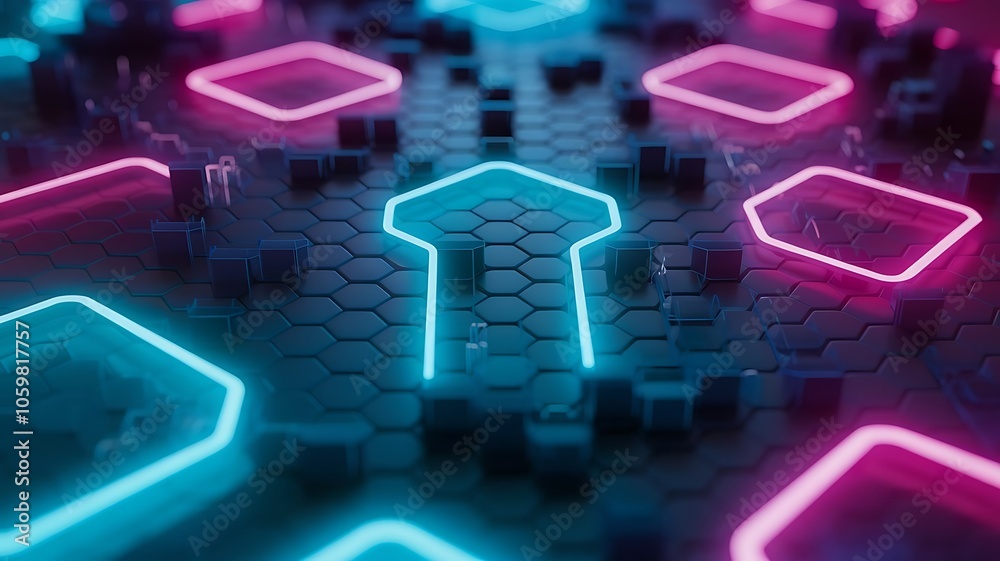 Fototapeta premium Futuristic Abstract Background with Interlocking Hexagonal Patterns, Glowing Neon Cyan and Magenta Edges, and Intense Tech-Inspired Vibe 