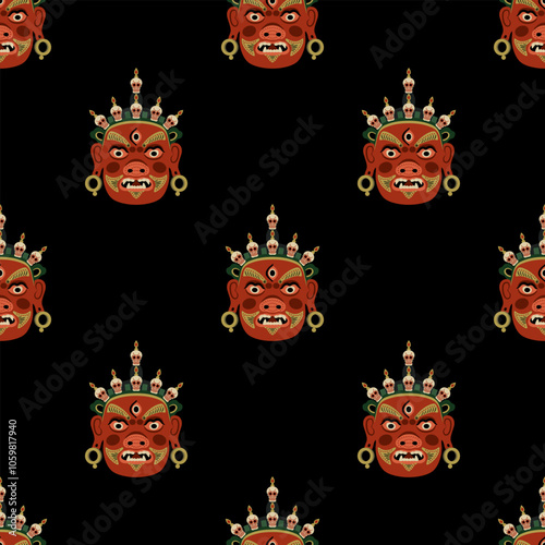 Seamless ethnic pattern with Tibetan Buddhist masks. Guardian deity Jamsaran or Begtse wearing crown of human skulls. Cham performance character. On black background.