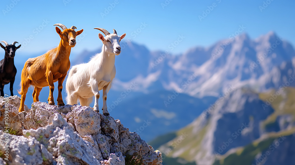 Obraz premium Three goats standing on a rocky peak with mountains in the background.