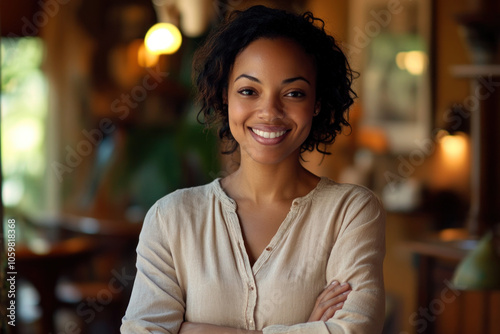 Woman smiling, standing in restaurant.