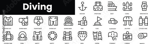 Set of outline diving icons. Minimalist thin linear web icon set. vector illustration.