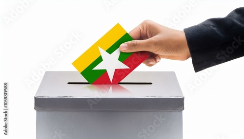 ミャンマーの国旗の投票用紙を投票する手と投票箱。選挙。(Hand and ballot box voting a ballot paper with the Myanmar flag on it. election.)
 photo